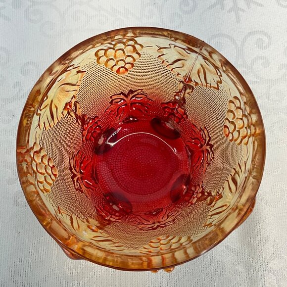 Vintage Amberina Glass Grape Leaf Footed Bowl Glows Orange - Picture 7 of 10